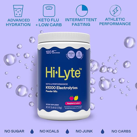 Hi-Lyte Keto K1000 Electrolytes Powder | Raspberry Lemon | Hydration Supplement Drink Mix | Boost Energy & Beat Leg Cramps | No Sugar, No Maltodextrin | 120 Servings