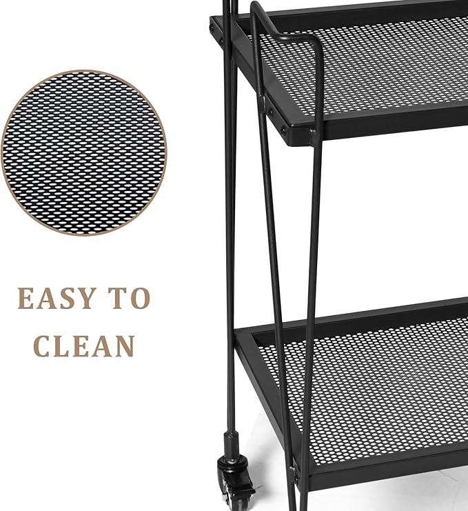 2-Tier Rolling Bar Cart with Wine Glass Rack, Black Metal Mesh Design, Mobile Storage Trolley with 4 Universal Wheels (2 Lockable for Safety), Handle on All Sides, 28.3x14.6x27 Inches