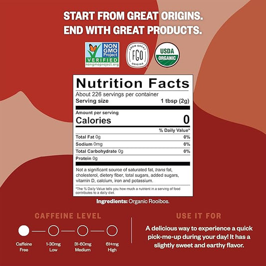 FGO Organic Rooibos Tea, 16 Ounce Loose Leaf Bulk Resealable Bag, Caffeine Free, Packaging May Vary (Pack of 1)