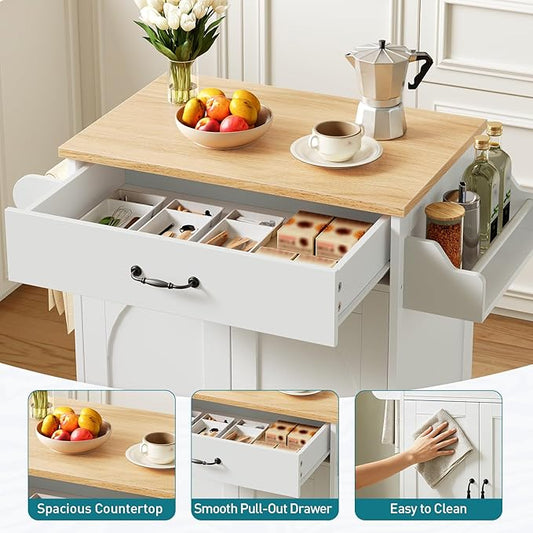 Kitchen Island Cart, Small Kitchen Island with Storage Cabinet and Drawer, Rolling Kitchen Cart on Wheels with Spice Rack and Towel Rack, for Kitchen, Dining Room, White and Natural