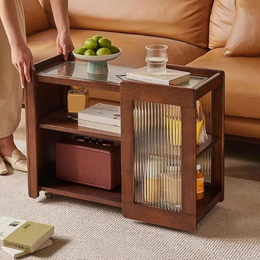 Side Table Glass Top Movable End Table Coffee Station Table, MDF Coffee Bar Stand Cart with Storage Coffee Table on Wheels,for Home Kitchen, Entryway, Living Room,Dining Room