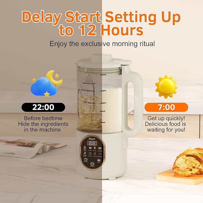 Beyn 10-in-1 Automatic Nut Milk Maker Machine, 60oz Large Capacity with 𝟒𝟖 𝐓𝐢𝐭𝐚𝐧𝐢𝐮𝐦 Blades & Self-Cleaning. for Homemade Almond, Soy, Oat Milk, Milkshake - Delay Start & Keep Warm Functions