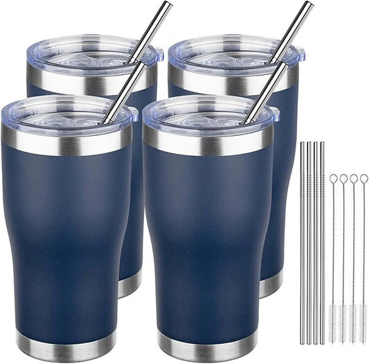 MEZMUT 20oz Coffee Tumbler with Lid and Straw Double Wall Vacuum Insulated Cup Stainless Steel Travel Mugs Insulated for Hot Cold Leakproof Powder Coated Tumbler for Indoor Outdoor(Navy Blue, 4)