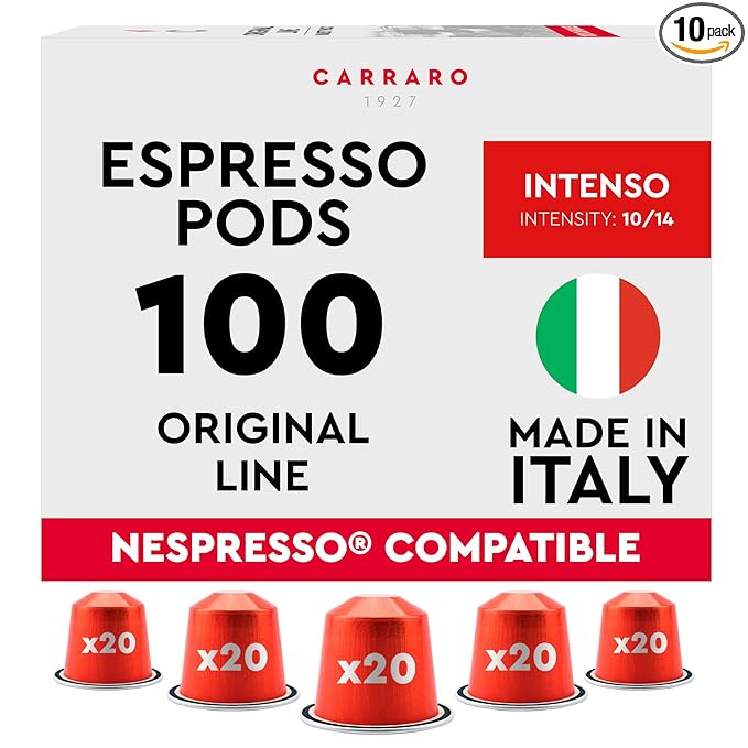 CARRARO 1927 Intenso - 100 Aluminum Espresso Pods Compatible with Nespresso Original line - Intensity 10/14, Dark Roast Espresso Capsules Made in Italy