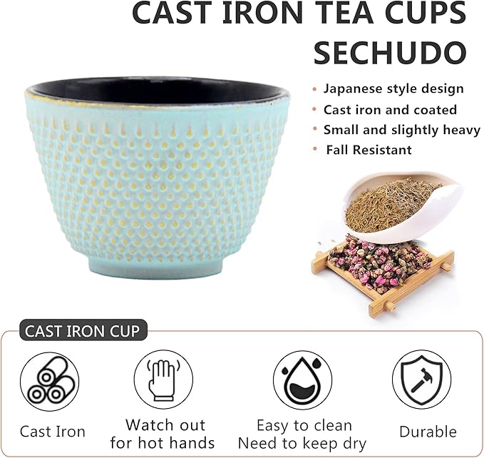 Japanese Cast Iron Tea Cups, Small and Heavy Teacups with no Handles, Japanese Style Cups for Adults, Asian Teacups, Coated with Enameled Interior, 4 Pcs/Box (Lightblue, 3.38oz/100ml)
