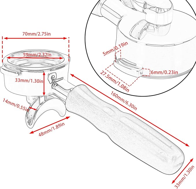 DIBTSA 58mm Espresso Portafilter Compatible with La Marzocco,Double Spouts 2 Ears, Stainless Steel Head and Filter Basket and Wood Handle