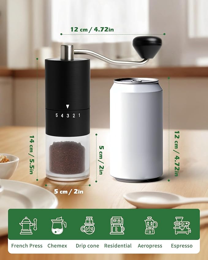 Manual Coffee Grinder With Ceramics Burr for Espresso,French Press,5 Adjustable Settings,Hand Coffee Grinder,For Home Use and Camping Travel,Coffee Bean Grinders With Hand Crank (Black)