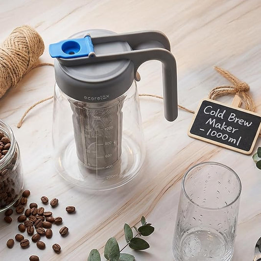 ECORELAX Cold Brew Coffee Maker,High Transparency Borosilicate Glass Container with Stainless Steel Filter, Iced Tea Pitcher with Lid,Modern Style, Ergonomic Handle,Spill-proof Lid (（Gray 32oz)