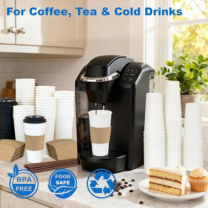 Coolcap 20 oz 50 Pack Coffee Cups with Lids and Sleeves, Straws, Hot Disposable To Go Travel Paper Cups Bulk for Office, Home Coffee Bar Accessories, Chocolate, Cocoa, Beverage (White)