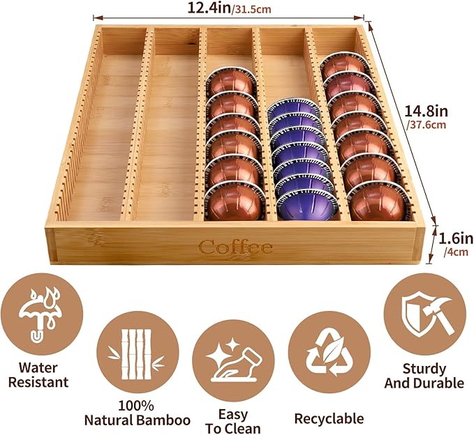 Bamboo Coffee Pod Storage Holder Drawer Insert K Cup Holder Pod Organizer Compatible with Nespresso Vertuo Vertuoline Capsules for Kitchen, Home, Office, Coffee Station Counter