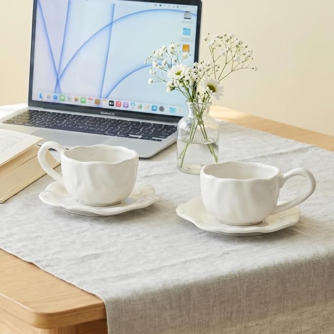 MyBudsBuzz Ceramic Espresso Cups with Saucers 6 oz,Coffe Cups for Cappuccino,Latte,Tea with Saucers Set of 2 - Folds - White