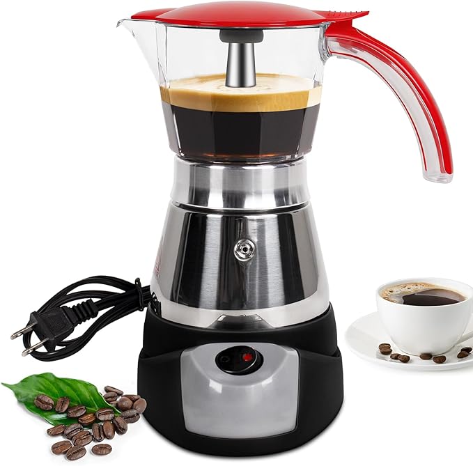Electric Moka Pot 6 Cup 300ml Plastic Transparent Stovetop Espresso Maker Portable Stainless Steel Mocha Pot Percolator Italian Coffee Makers Greca Machine Cafe Classic for Home Camping