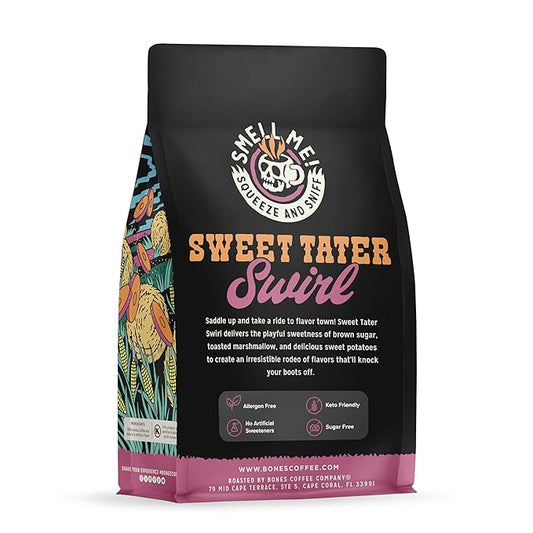 Bones Coffee Company Sweet Tater Swirl, Cinnamon Sweet Potato Flavored Coffee, Medium Roast Low Acid Arabica Beans Compatible with Auto drip and French Press Coffee Maker, 12 Oz Whole Bean