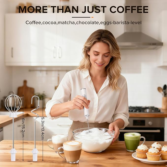 Milk Frother Handheld, 3-Speed Frother Wand USB-C Rechargeable, with 3 Detachable Whisks, Coffee Frother for Coffee,Latte, Cappuccino, Matcha, Hot Chocolate & Eggs, Electric Whisk Drink Mixer (White)