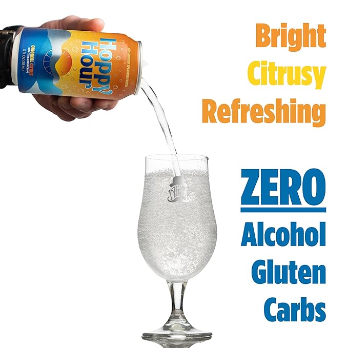 Hoppy Hour Sparkling Hop Water, Non-Alcoholic and Adaptogens Drink, Zero Sugar and Calories, Refreshing Original Citrus Flavor, 12 oz Cans (12-Pack)