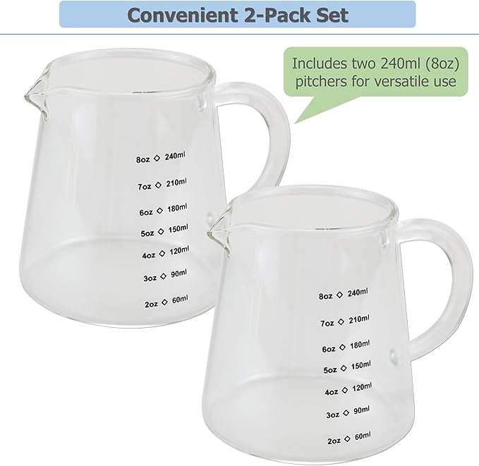 EIKS 2 Pack Glass Creamer Pitcher with Handle and Measurement Scale for Serving Coffee Milk Cream Tea Beverage Sauce Jam dressings (Capacity 240ml / 8oz)