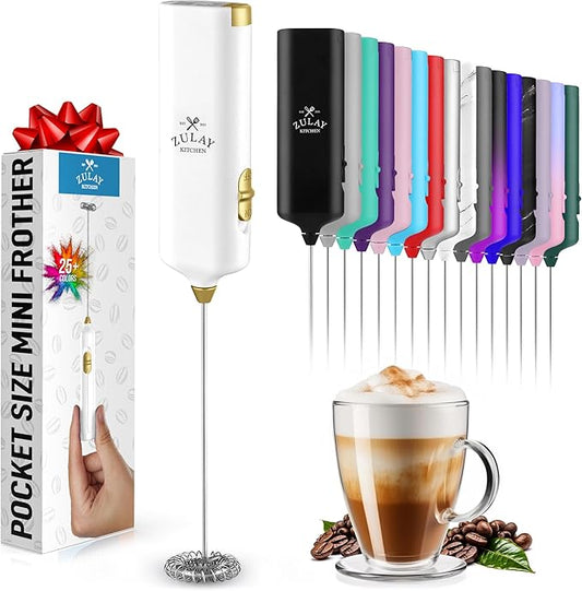 Mini & Mighty Milk Frother Wand – Powerful Handheld Coffee Frother, Battery Operated Drink Mixer – Compact Pocket Size – Detachable Whisk for Latte, Cappuccino, Matcha, Hot Chocolate – White Gold