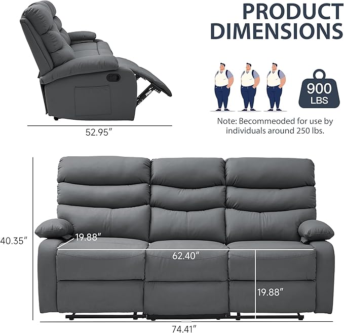 Reclining Couch Sofa Set Leather Recliner Couch Sofa and Loveseat Sets for Living Room, RV, Theater Seating(3 Seat Sofa+Loveseat,Grey)