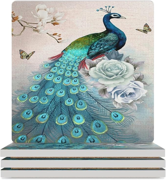 Peacock Drink Coasters, Square Ceramic Drink Coaster Square-4PCS, Vintage Tree Branch Beautiful Teal Peacock Floral Decor Absorbent Ceramic Coasters for Beverage Cup, Bar, Coffee Table
