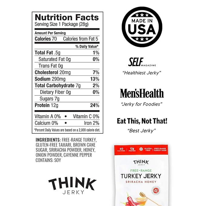 Think Jerky Sriracha Honey Turkey Jerky, Chef Crafted Free Range Turkey, Gluten Free, No Antibiotics or Nitrates, Healthy Chef Crafted Recipe, Low Calorie and Low Fat - 1.0 oz Bags, 8 Pack