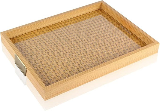 Rattan Woven mesh Surface Wood Serving Tray with Metal Handles, 14.5inx10.4in Food Drinks Tray for Coffee Table, Breakfast, Dinner & Bar,Kitchen,Party (Rattan Weaving/Small)