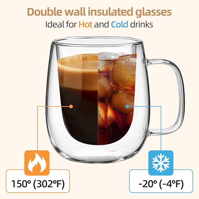 12 OZ Glass Coffee Mug Pack of 2, Double Wall Glass Mug with Handle Insulated Clear Glass Coffee Cup for Espresso, Cappuccino, Latte, Americano, Tea