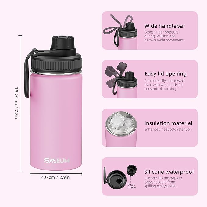 SASEUM Kids Sport Water Bottle 12oz Stainless Steel Double Wall Vacuum Thermal Mug with Leak Proof Spout Lids, Wide Mouth Metal Insulated Water Jug for Gym and Travel（Pink）