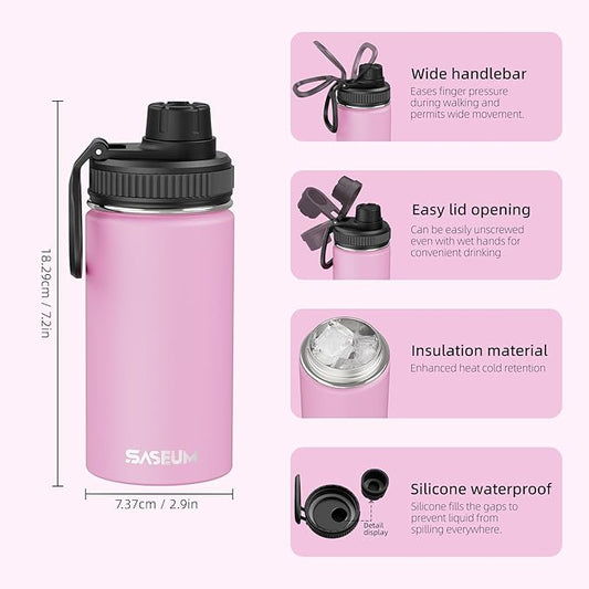 SASEUM Kids Sport Water Bottle 12oz Stainless Steel Double Wall Vacuum Thermal Mug with Leak Proof Spout Lids, Wide Mouth Metal Insulated Water Jug for Gym and Travel（Pink）