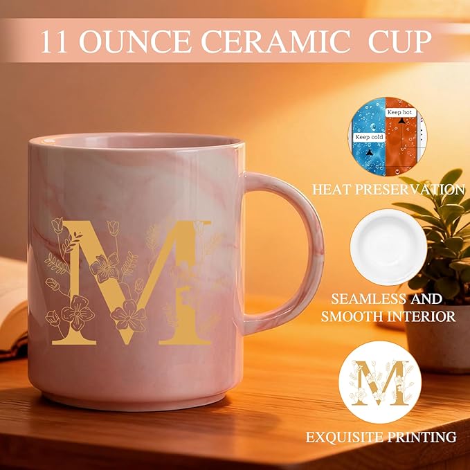 Monogrammed Valentine Days Gifts for Women, 11 oz Initial Ceramic Coffee Tea Mug with Necklace, Unique Mohters Day Birthday Gift for Her Wife Teacher Friend Mom, M