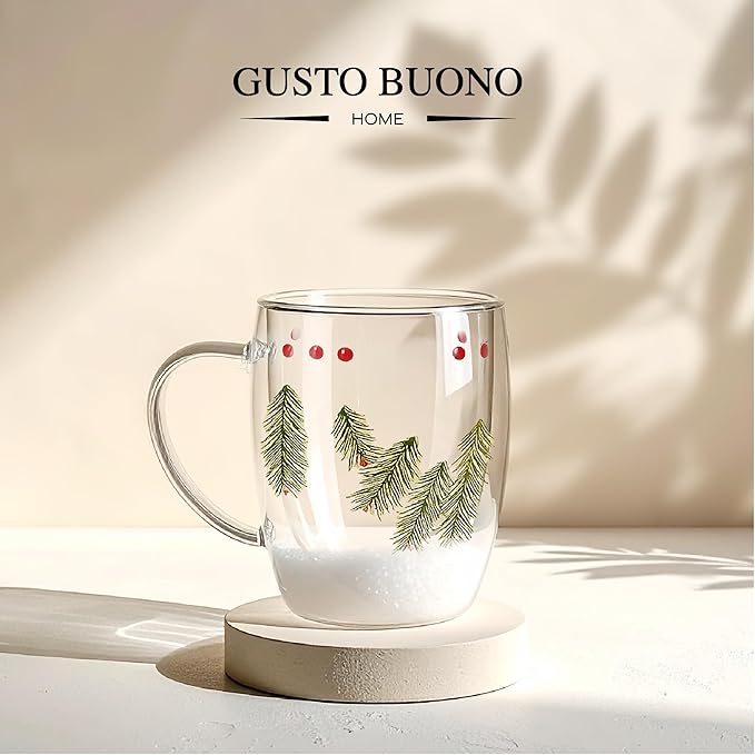 Gusto Buono Christmas Double Wall Glass Mugs Set of 4, 11 oz Borosilicate Coffee Tea Mugs, 12 cm Clear Insulated Glass with Christmas Design Inside, Italian Crafted Winter Charm