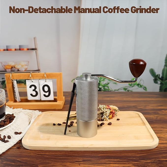 Manual Coffee Grinder Non-Detachable Stainless Steel Conical Burr Aluminum Coffee Bean Grinder with 25 Grinding Settings Cleaning Brush Grindable Espresso Moka Pot French Press for Camping Silver