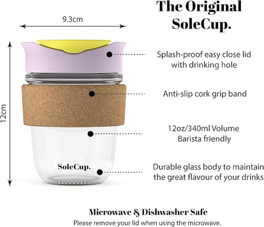 Reusable Strengthened Glass Travel Cup - Spill Proof Insulated Coffee Mug - 12oz/340ml BPA-Free Hot Drink Travel Mug with Lid & Cork Band (Ice Cream, 12oz)
