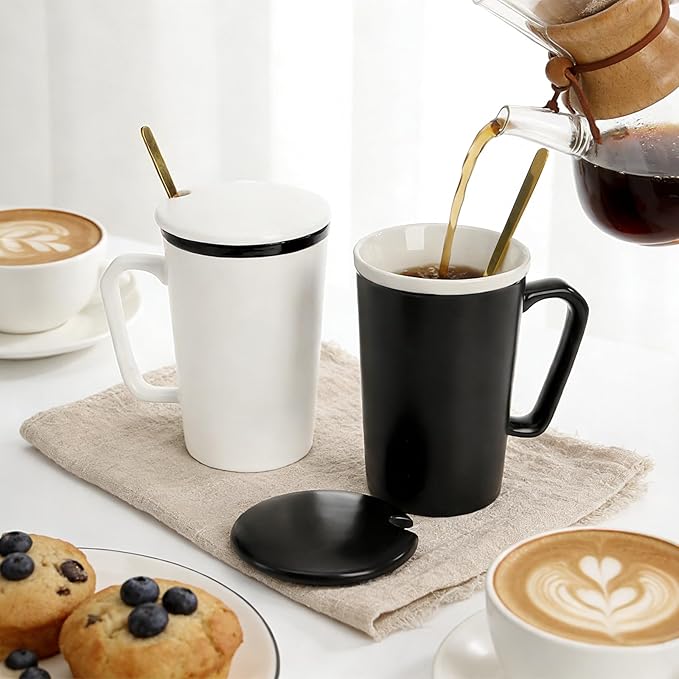 ZENFUN 2 Pc Ceramic Mugs Set for Couple, Coffee Mugs with Gift Box, Engagement Wedding Gift His and Hers, 13 oz Porcelain Mug Set with Lid and Gold Spoon(Black&White)