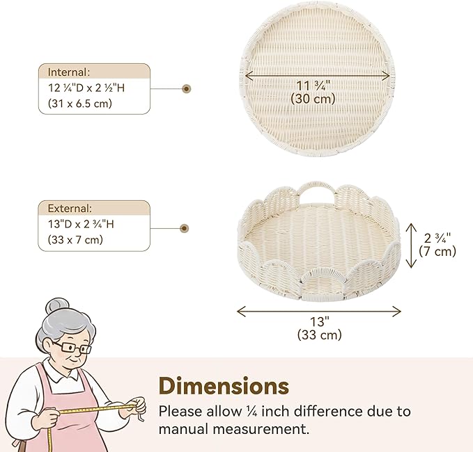 GRANNY SAYS Wicker Decorative Scalloped Trays for Home Decor, Coffee Table Trays with Handles, Woven Rattan Tray for Kitchen Counter, Round Serving Tray Decor for Living Room and Ottoman, White
