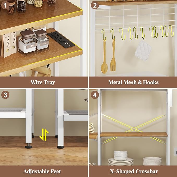 iabifo L-Shaped White Bakers Rack with Power Outlet, Kitchen Storage Rack with Hooks, Wire Shelf with Open Storage, Mesh Grid, Wire Basket