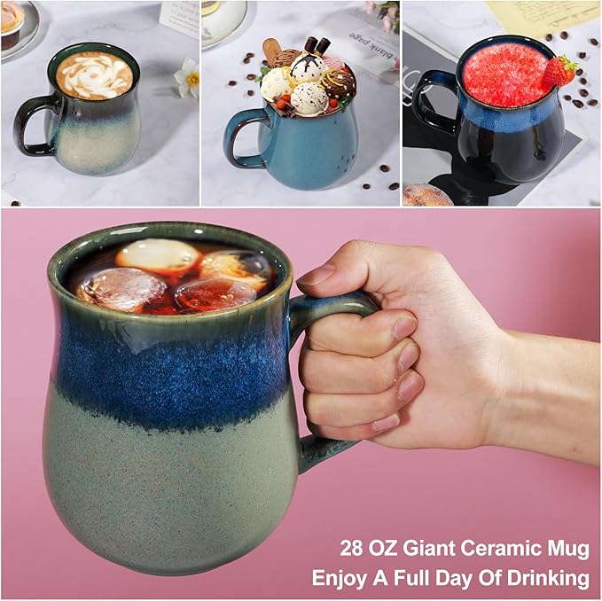 28 Oz Extra Large Ceramic Coffee Mug with Big Handle, Handmade Glazed Oversized Tea Cup for Office and Home, Microwave and Dishwasher Safe, Jumbo Coffee Mugs for Hot and Cold Drinking (Ink Green)