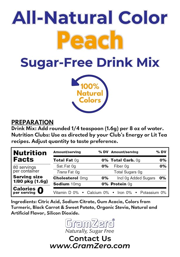 GramZero Peach Zero Calorie Sugar Free Drink Mix, Great For Nutrition Club Loaded Teas, Stevia Sweetened
