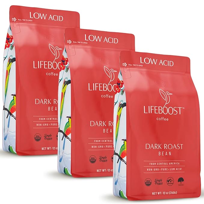 Lifeboost Dark Roast Whole Bean Coffee - Low Acid Organic Coffee, Non-GMO, USDA Organic, Single Origin, Third-Party Tested for Mycotoxins & Pesticides - 12 oz, Pack of 3