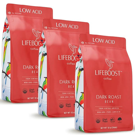 Lifeboost Dark Roast Whole Bean Coffee - Low Acid Organic Coffee, Non-GMO, USDA Organic, Single Origin, Third-Party Tested for Mycotoxins & Pesticides - 12 oz, Pack of 3