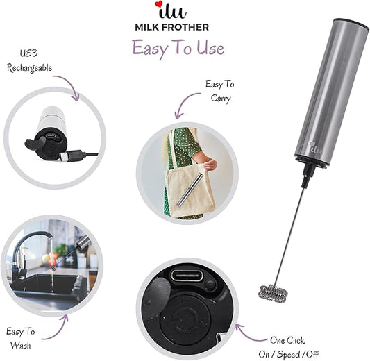 Rechargeable Milk Frother | Drink Mixer | Coffee Frother Handheld with USB-C Charging, stainless steel body, foam, stirrer for Milk, Coffee, matcha, cappuccino, latte, egg [SILVER]
