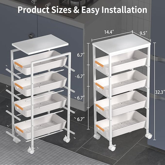 5 Tier Slim Rolling Utility Cart with Drawers Pull-Out Design Slim Storage Cart with Metal Frame and Wooden Top for Narrow Space in Home Kitchen Bathroom White (Width 9.5 Inches)