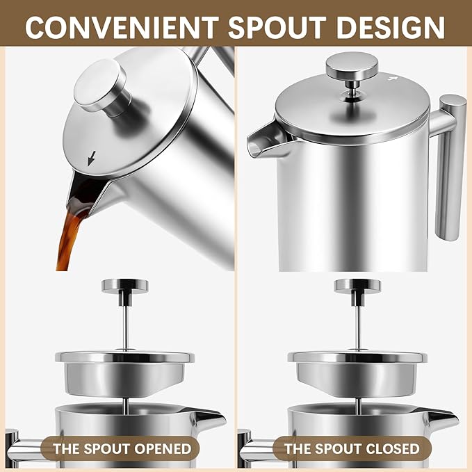 CAOANTRY French Press Coffee Maker, 304 Grade Stainless Steel French Press with 2 Extra Filters for Home, Office, Travel, Camping - 34OZ/1 Litre (Sliver)