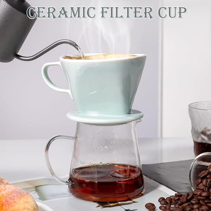 Pour Over Coffee Dripper, Ceramic Pour Over Coffee Maker with 3 Holes Flat Bottom, Easy Manual Brew Maker, Porcelain Slow Filter Cone for Travel, Camping, Office, Home, Green