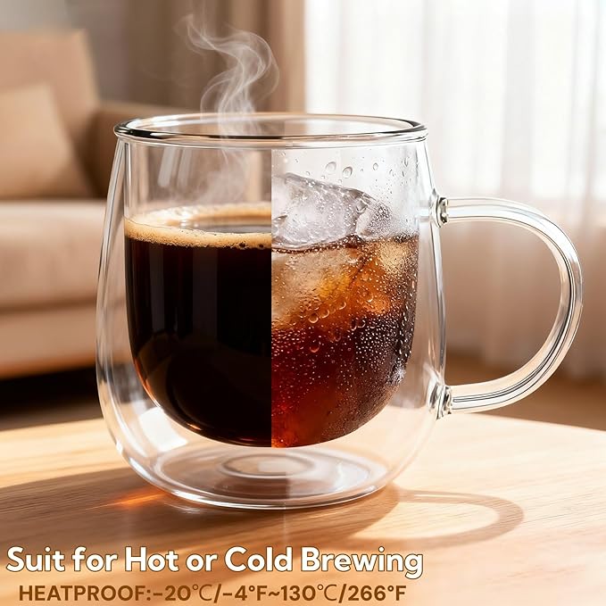 Glass Coffee Mugs Set Of 4, 10oz Double Walled Insulated Glass Mugs with Handle and Coaster, Heat Resistant Borosilicate Clear Glass Cups for Espresso Latte Cappuccino, Tea Bag, Beverage