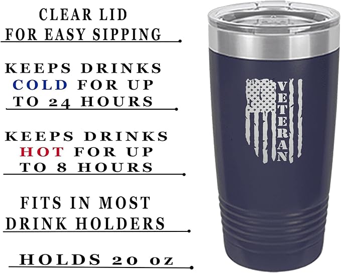 Rogue River Tactical USA Flag Veteran 20 Oz. Travel Tumbler Mug Cup w/Lid Vacuum Insulated Hot or Cold Military Vet Gift (Blue)