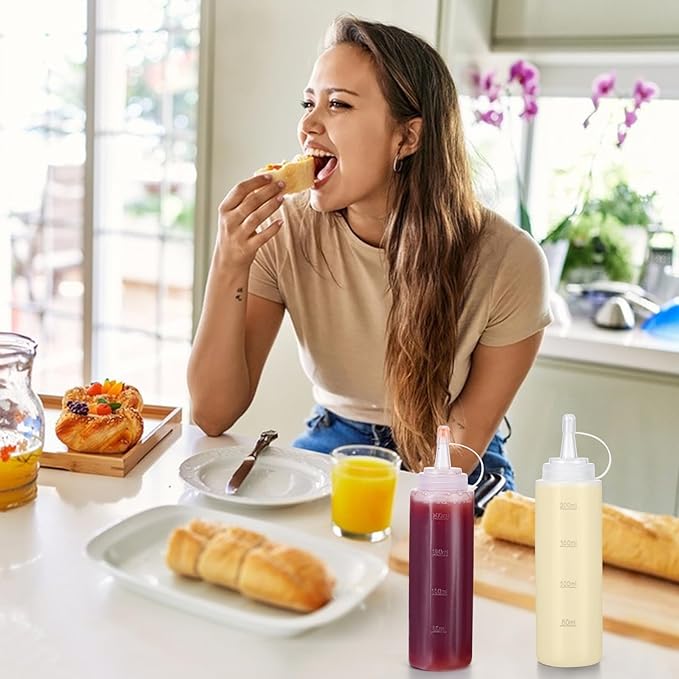 Katfort Condiment Squeeze Bottles Ketchup Dispenser, 6 Pack 8oz Squeeze Bottles for Liquids, Plastic Sauce Bottle with Cap Lid, Squirt Bottles for Sauces Liquids BBQ Dressing Pancake Art