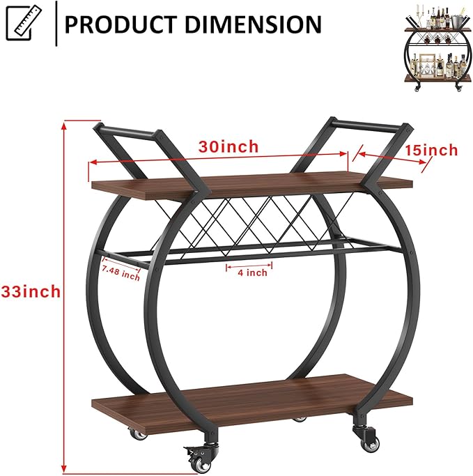 LVB Modern Gold Bar Cart, Industrial Rolling Serving Wine Cart with Wine Rack, Coffee Liquor Drink Cart with Storage and Wheels, Wood and Metal Kitchen Microwave Beverage Cart for Home, Walnut