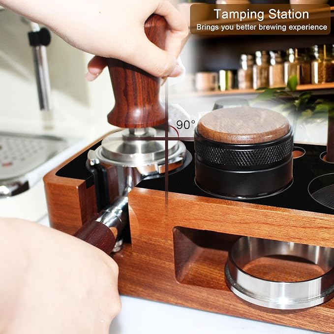 Espresso Tamping Station,9 in 1 Espresso Station,Multifunctional Tamper Station Fit for 51/54mm Espresso Accessories,Wooden Espresso Station,Adjustable Height Portafilter Holder (Red Black, 51mm-58mm)