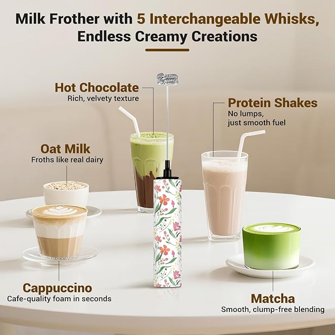 Milk Frother Handheld Rechargeable - 2-Speed Electric Whisk with 5 Detachable Heads (Frother/Mixer/Whisk) for Coffee, Latte, Cappuccino & Matcha, Drink Mixer (Flower 16)