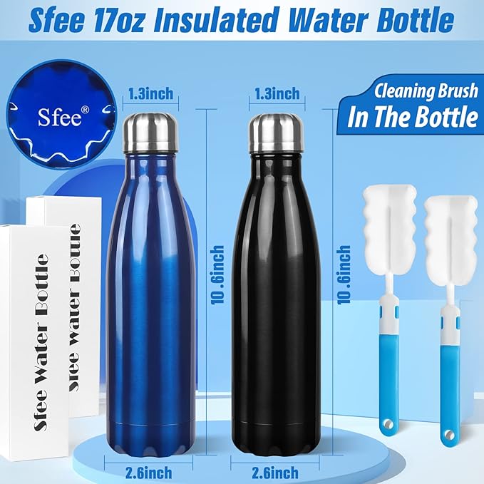 Sfee Insulated Water Bottle, 17 oz Stainless Steel Water Bottles, Double Wall Vacuum Reusable Water Bottles Leak Proof BPA-FREE Sports Bottle Cup Keep Hot&Cold for Running Gym Workout Cycling Kids